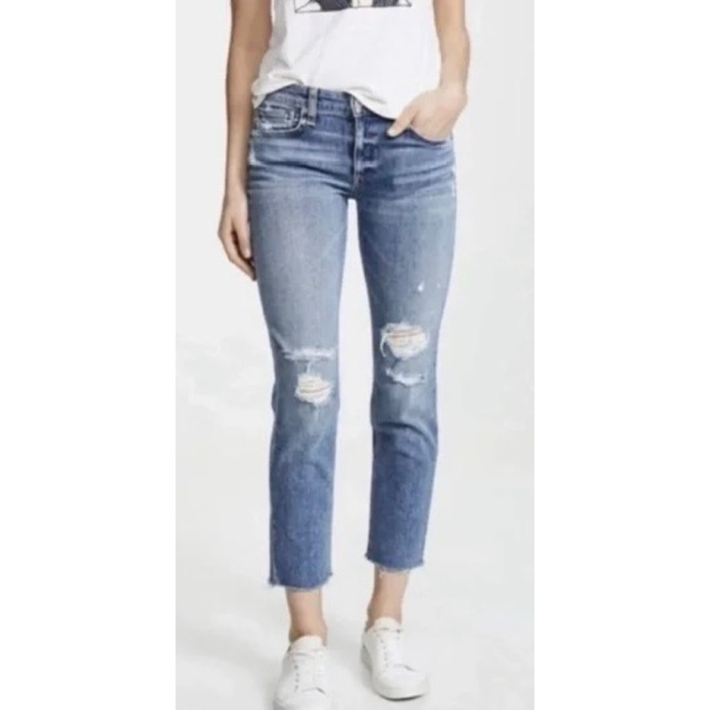 Rag & Bone Drew Low-Rise Ankle Slim Ripped Boyfriend Jean in Blue Meduim Wash